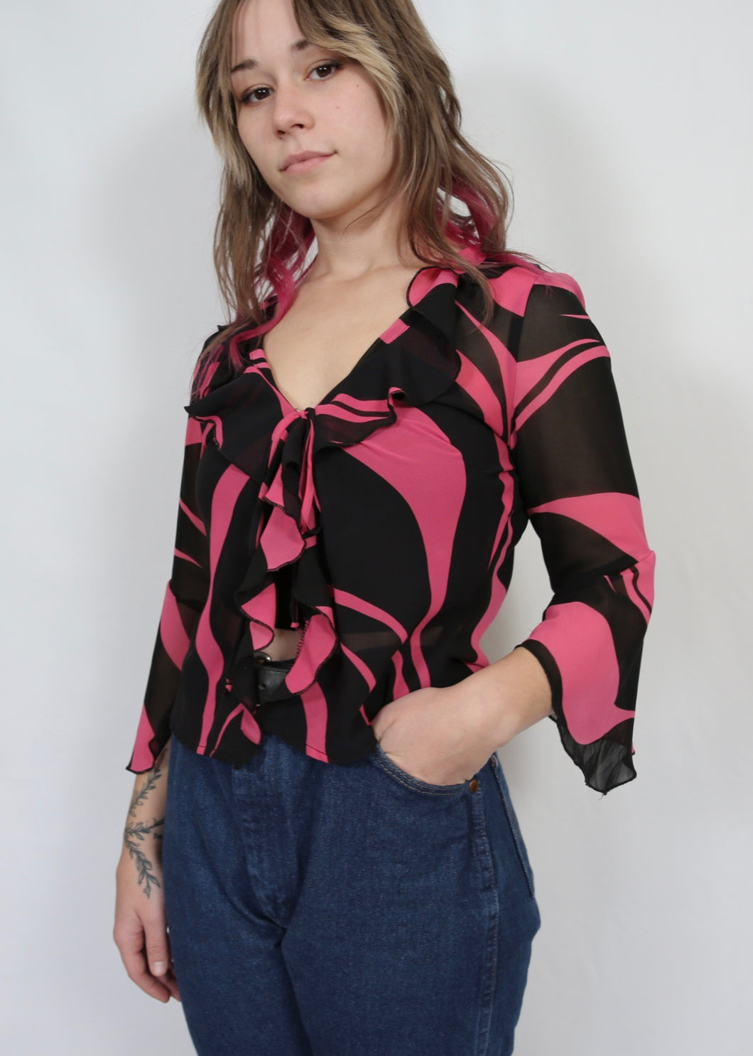 y2k Sheer Top - Black and Pink