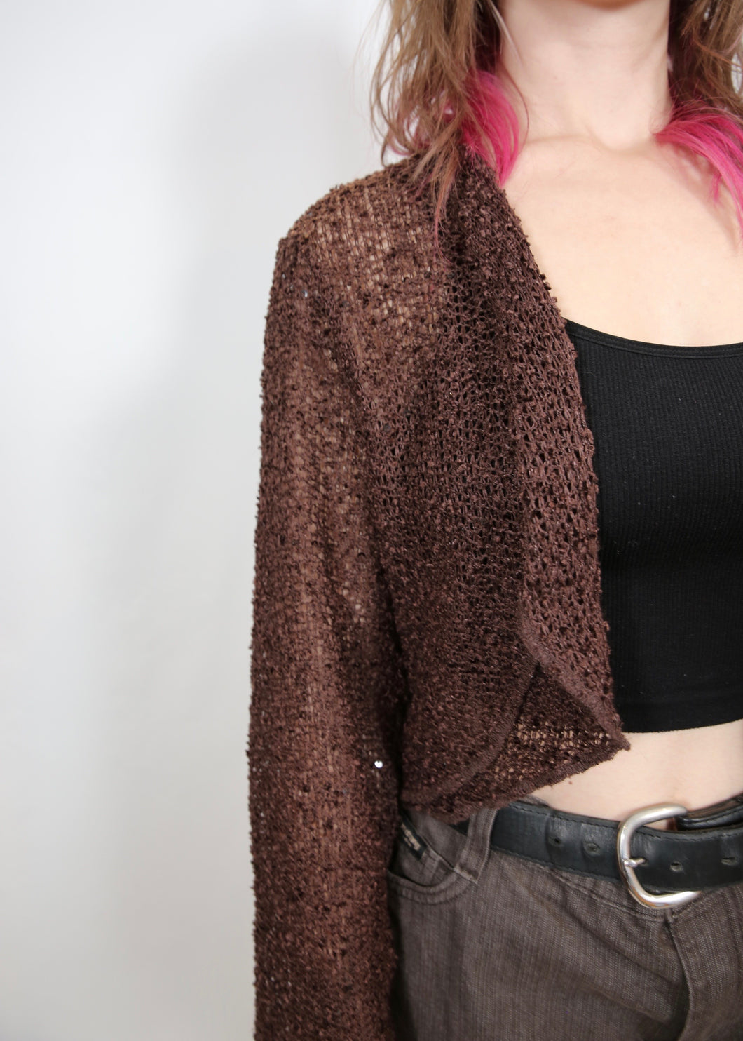 y2k Cropped Brown Sequinned Cardigan